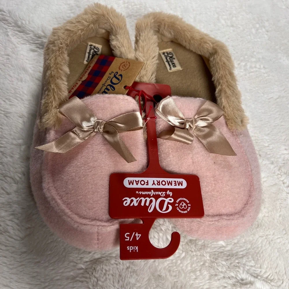Dluxe by Dearfoams Kids Pink Memory Foam Slippers Bows Size 4‎ 5 NWT